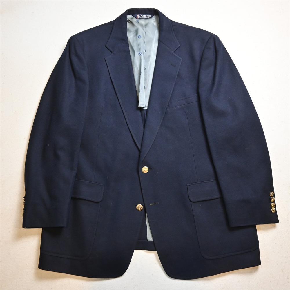 Vtg USA Made 46S Navy Blue 100% Wool Flannel Gold Button Blazer Sport Coat